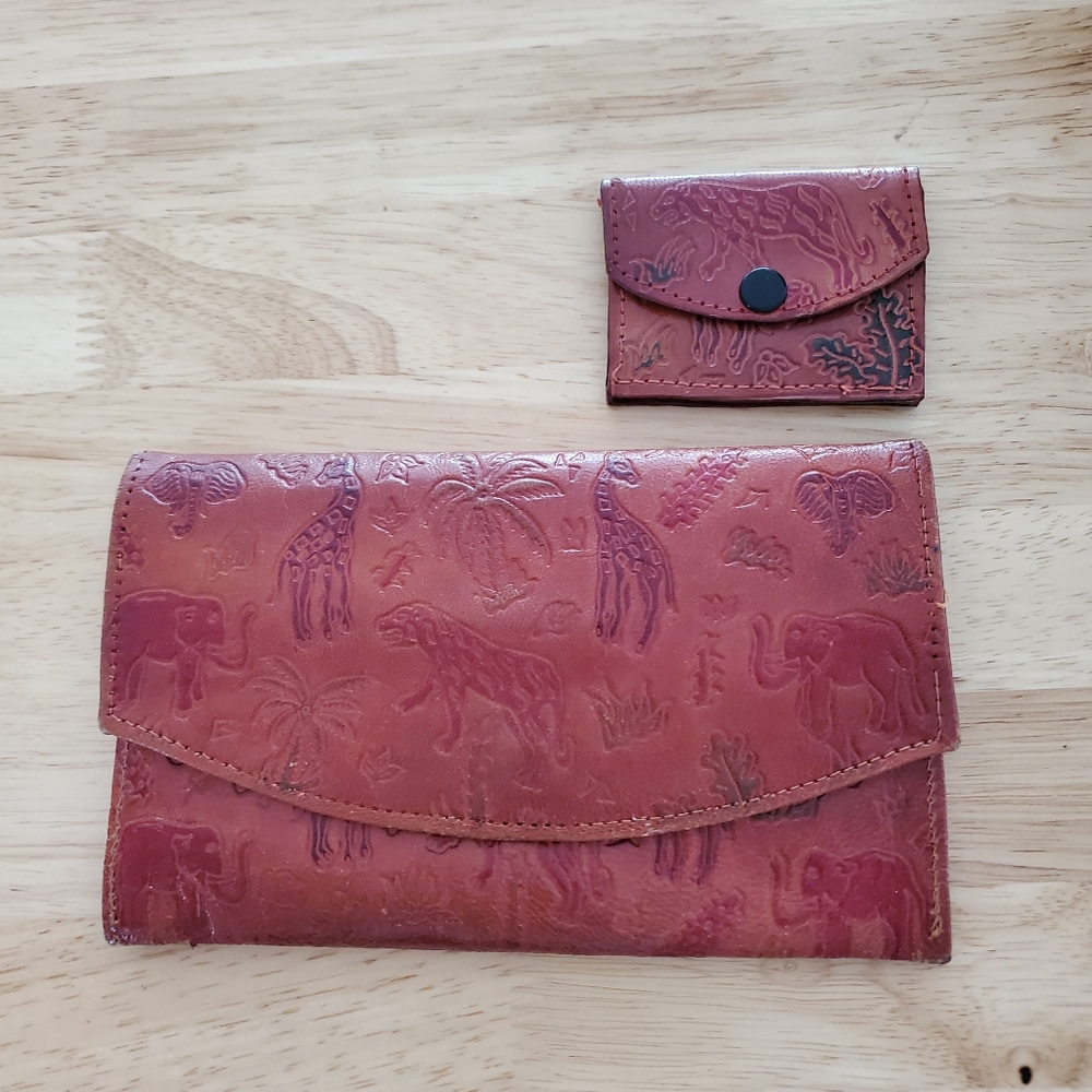 Stamped Leather Wallet And Change Purse Red